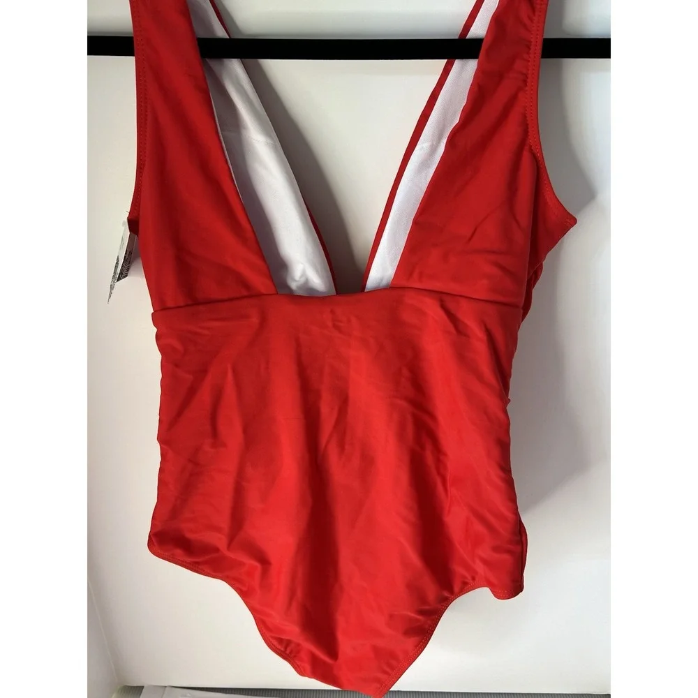 NWT B2Prity‎ Red One Piece Swimsuit Deep V Neck 3D Flower Detail